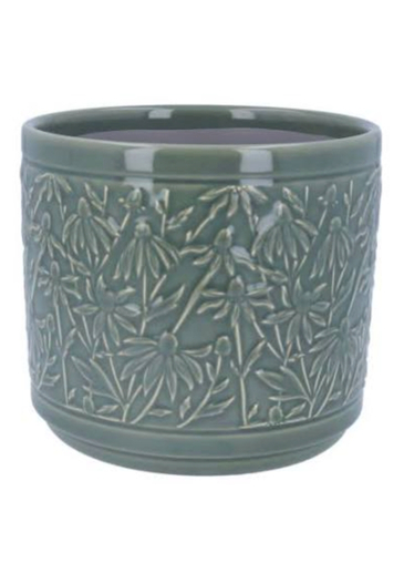 The 15.5cm diameter Green Rudbeckia Embossed Pot from Gisela Graham brings floral-inspired detail to your plant display. Finished in green with an embossed Rudbeckia design, it combines practical planting with decorative appeal. Its compact size makes it a versatile choice for displaying plants around the home, while the detailed finish adds character to a windowsill, shelf or other space.